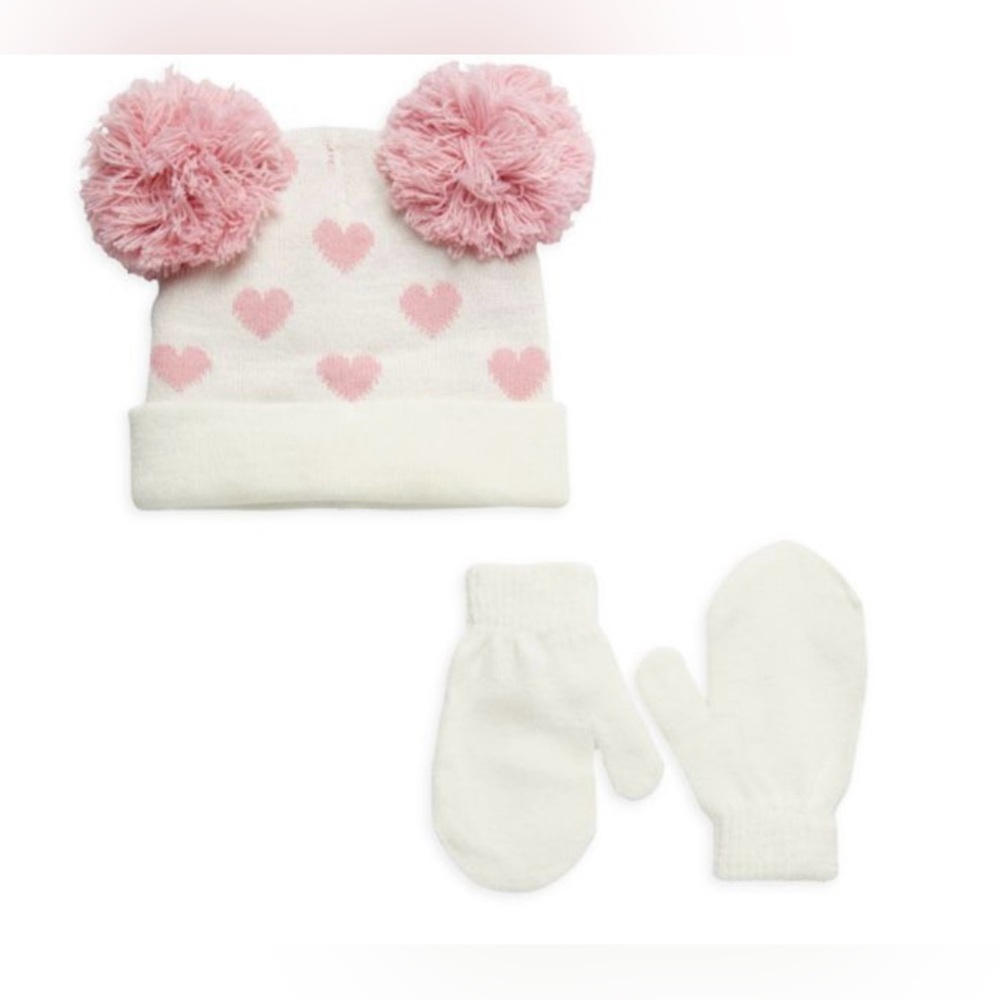 NWT Capelli NY Baby Girls Hearts Pom Pom Beanie Hat & Mittens